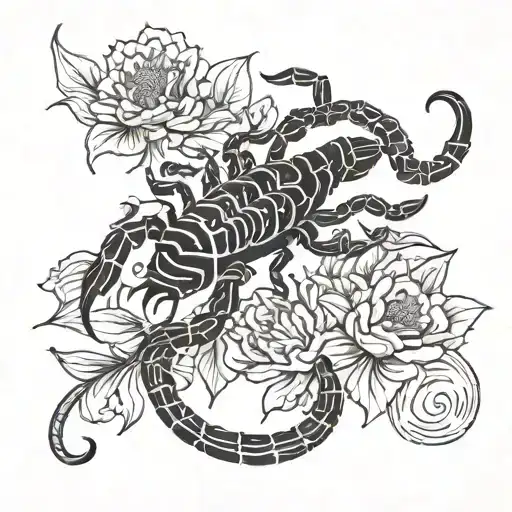 A Black Ink Tattoo Of An Scorpion With Flowers And Astrology Symbols