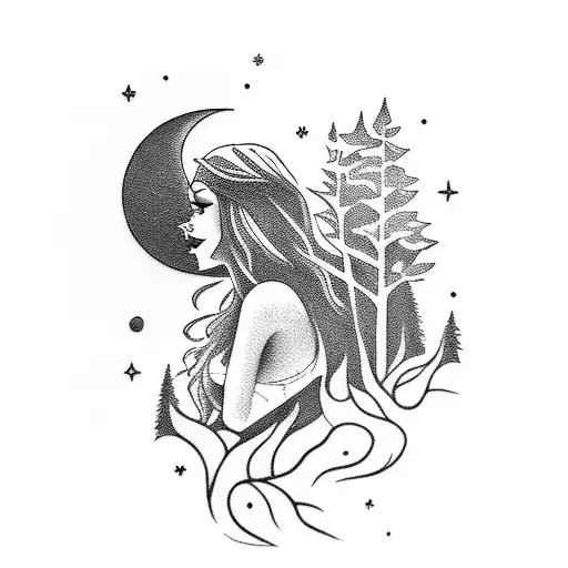 A Dark And Mysterious Pin-up Girl With A Moonlit Forest Background