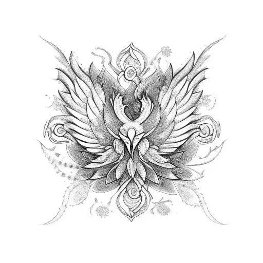 A Vibrant Bouquet Of Exotic Flowers Intertwined With A Majestic Phoenix