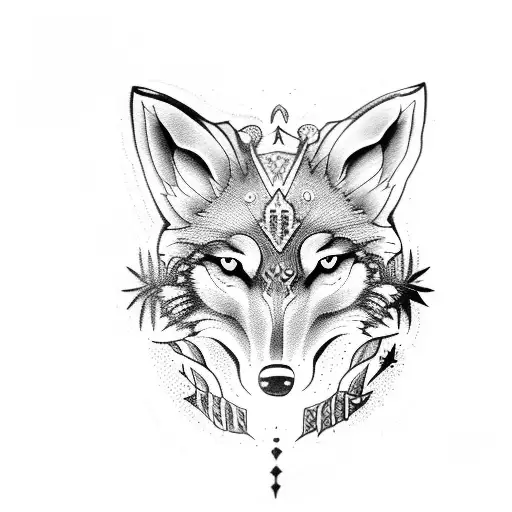 A Dotwork Tattoo Of A Wolf Howling At A Dagger With A Psychology Symbol Incorporated