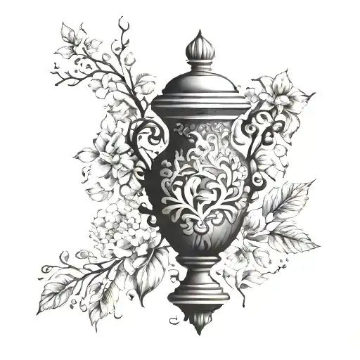 A Tattoo Design Featuring A Greek Amphora Surrounded By Intricate Floral Foliage