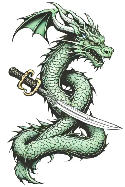 Green Dragon With Black Horns Wrapped Itself Around Big Katana Blade