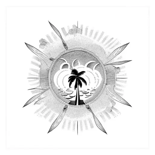 A Majestic Sunset Over A Tropical Beach With Palm Trees And Seagulls Flying In The Sky