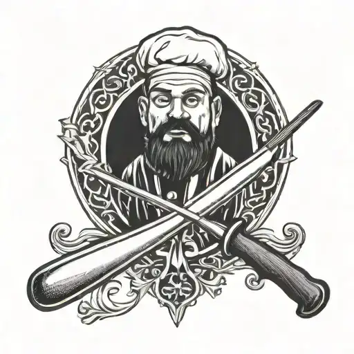 A Baseball Bat And A Chef's Knife Crossed In A Blackwork Style Design