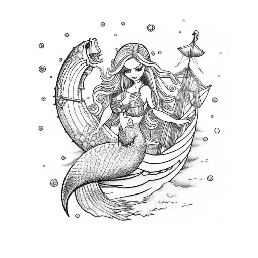 Mystical Mermaid Riding A Pirate Ship