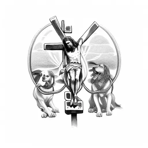 Jesus On The Cross And Cerberus Chained At His Feet