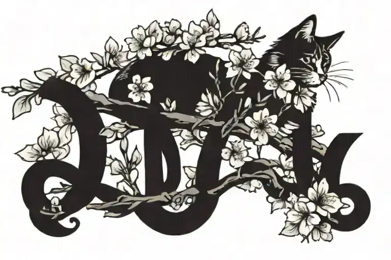 Word Mello In The Middle Of 2 Cherry Blossom Branches With A Cat Laying On The Branch