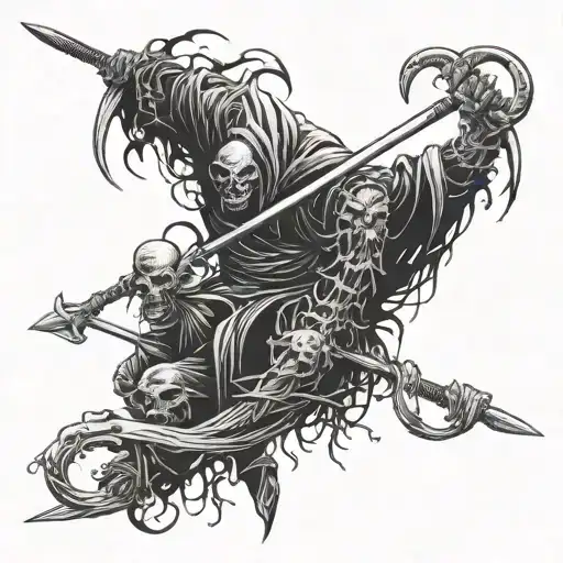 A Monster With A Scythe Slashing The Heads Of Multiple Black Work Scarecrows