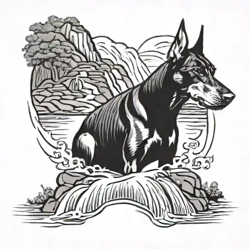 A Tatto For A Boy Who Loves Doberman And Waterfall Surrounded