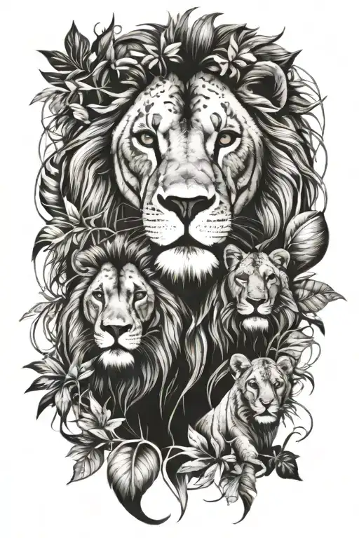 A Majestic Lion Family Portrait With Intricate Jungle Foliage Surrounding Them