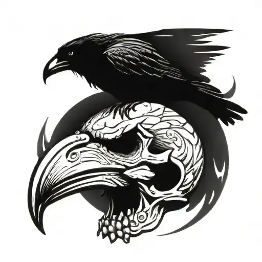 Skull Of A Raven Tilted To The Right With A Crescent Moon Behind