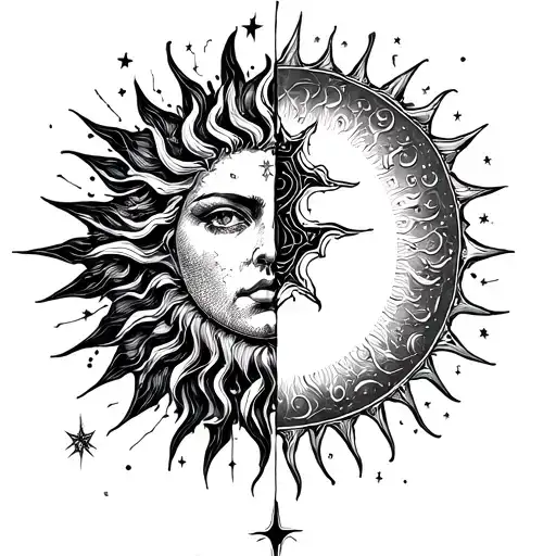 Celestial Themed Tattoo Featuring Half A Sun And Half A Star