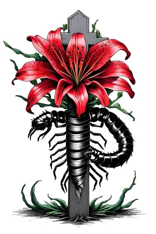 A Cross That's Being Wrapped Around By A Centipede With Red Spider Lily's Behind It