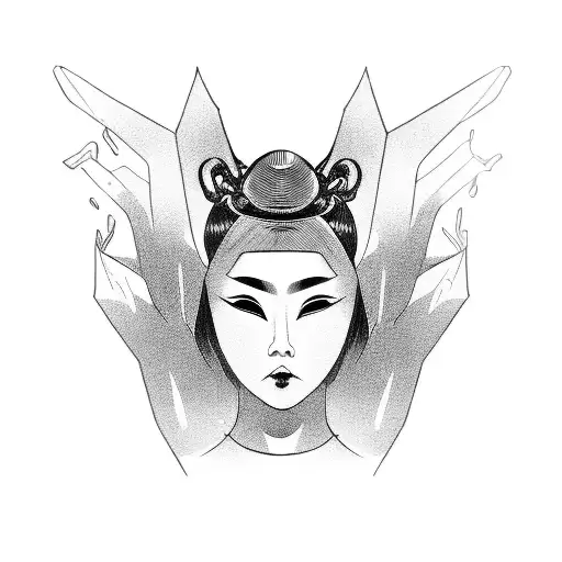 Woman With Samurai Mask On Kneeling Down In Minimal Clothing