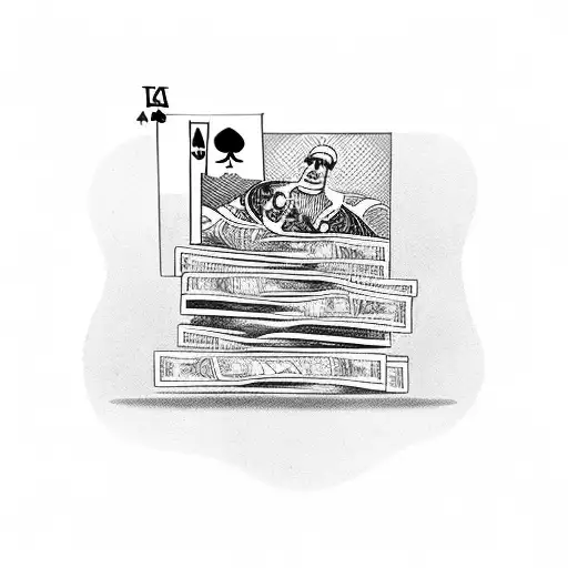 A Playing Card With A Stack Of Money Behind It