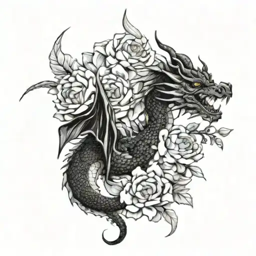 Dragon With Body And Peonies