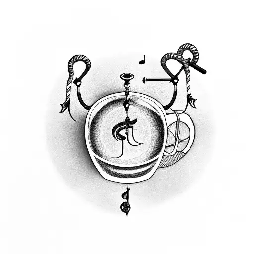 A Coffee Cup With Fishing Hooks As Handles And Musical Symbols As Steam