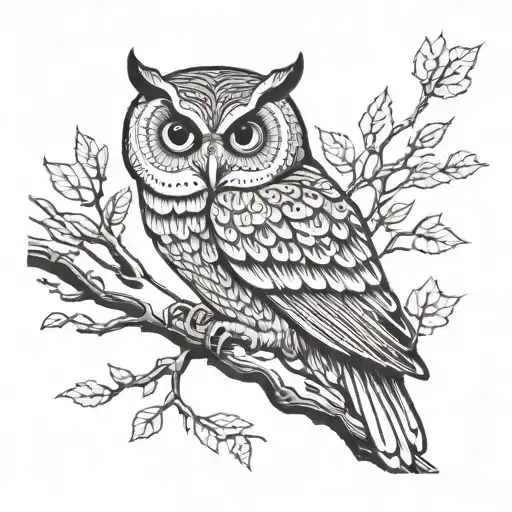A Thin Owl Half Sideways On A Branch In Black And White Silkscreen Style