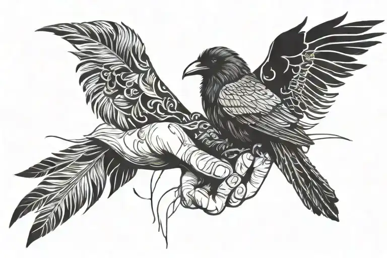 Raven And Feathers Along The Hand And Fingers