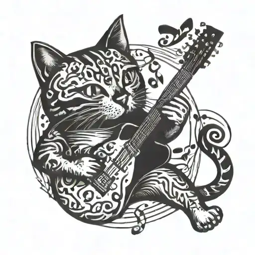 A Cat Playing A Guitar With Music Notes Floating Around It