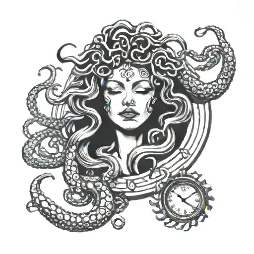 Medusa With Fingers Candle And Clock In Back Ground