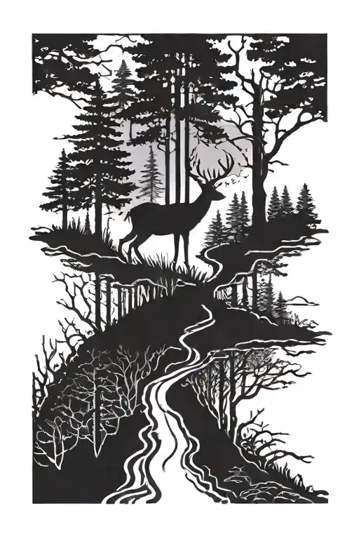 A Mountain Biking Trail Winding Through A Forest With A Silhouette Of A Deer In The Background