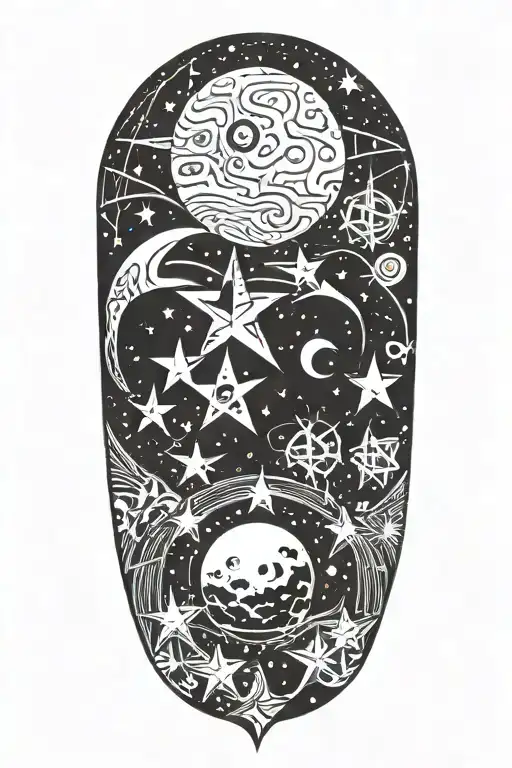 Spiritual And Psychedelic Moon And Stars Pattern In Graffiti And Sketch Style