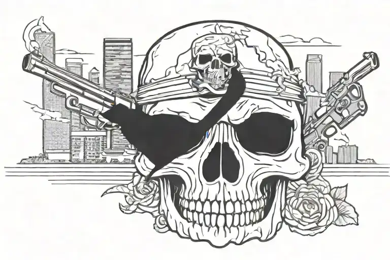 Smoking Skull With Guns Behind It Over The Dallas Skyline With A Mavs Logo
