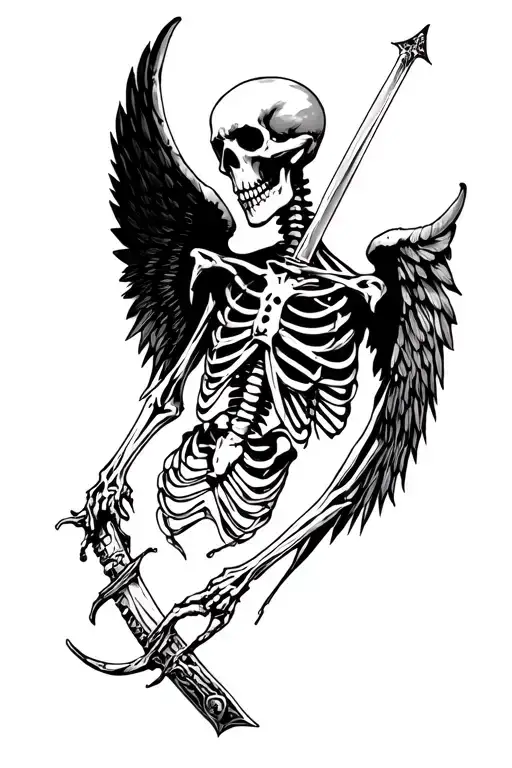 Scary Skeleton Wings With A Sword Down The Spine Tatto