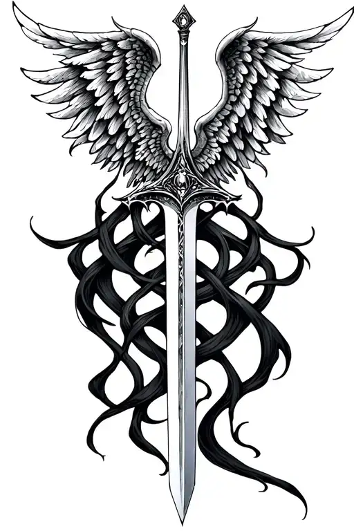 Scary Wings With A Sword Down The Spine Tattoo Design Featuring