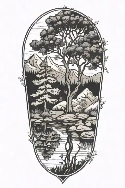 Mountain Tree Lake Reflection Forget Me Nots