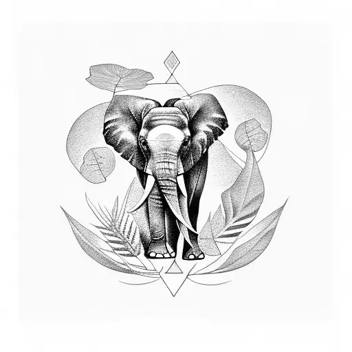 Tattoo Of An Elephant Surrounded By Monstera Leaves