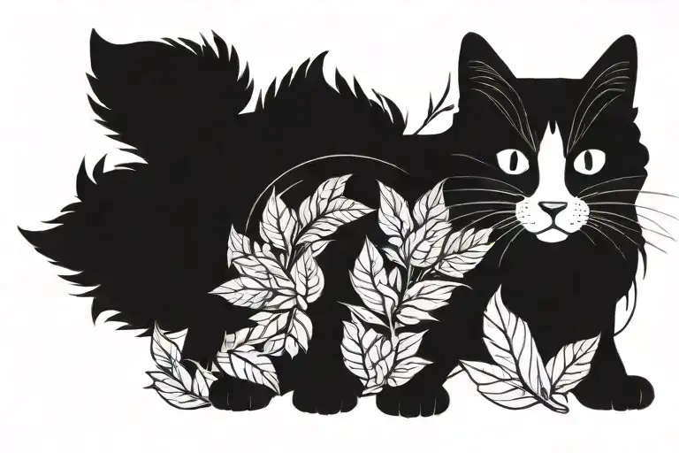 Long Hair Tuxedo Cat Full Body Playing With Leaves