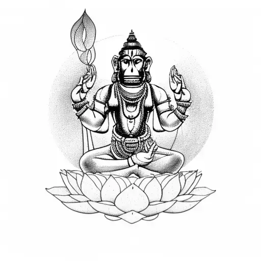 Hanuman In A Meditative Pose Surrounded By Lotus Flowers