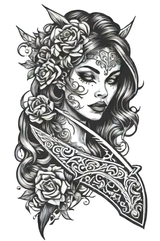 Female Face Drawn On The Blade Of A Knife