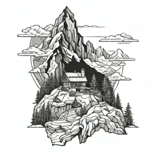 A Detailed Mountain Landscape With A Hidden Classroom Nestled Among The Peaks