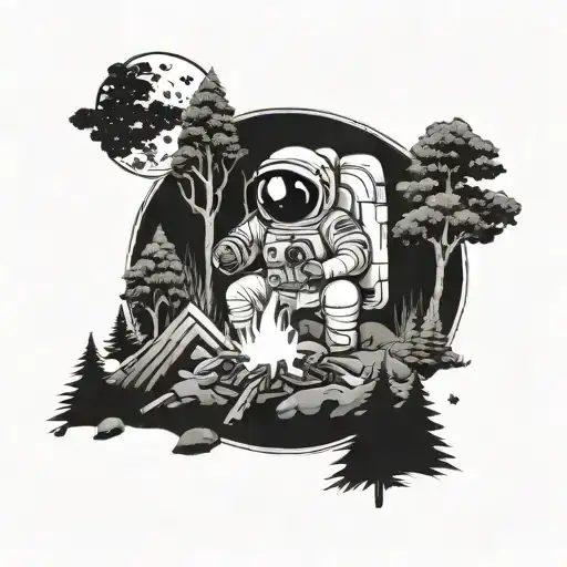 Astronaut In The Moon Making A Campfire Surrounded By Trees