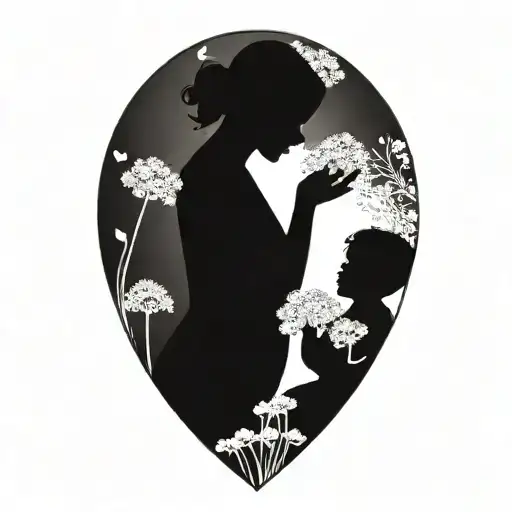 Abstract Silhouette Of A Mother Carrying Two Babies Surrounded By Dandelion Flowers