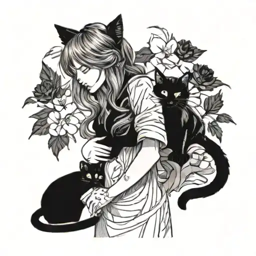 Black Cat Hugging Girl Standing