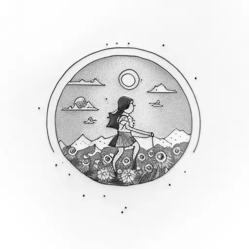 A Minimalist Tattoo Of A Girl Scout Hiking Through A Sunflower Field At Sunset
