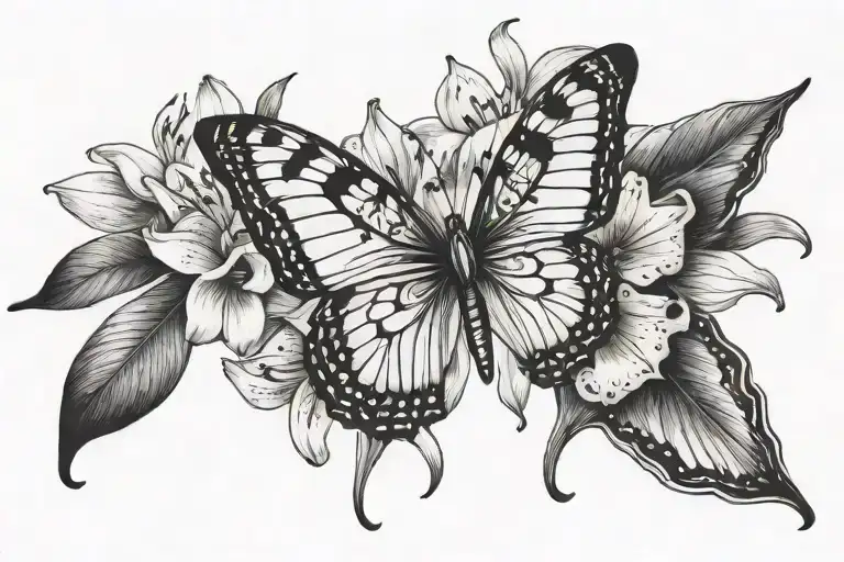 Butterfly With Lily Flowers As Behind