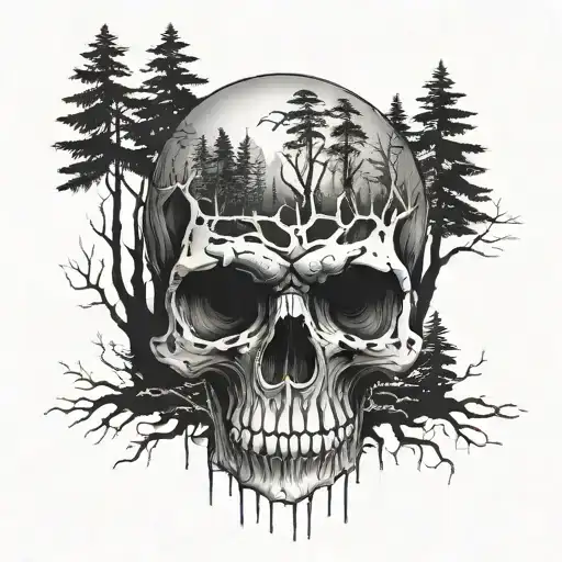 Skull And Background Of Creepy Forest Landscape
