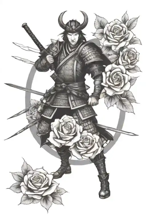 Samurai And Roses Surrounded