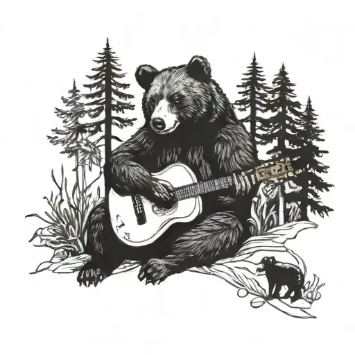 A Blackwork Tattoo Of A Bear Playing A Guitar In A Forrest Setting