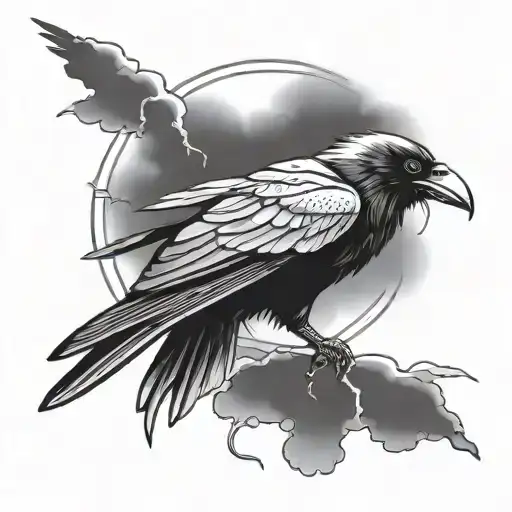 Raven With A Lightning Bolt And Dark Clouds With The Word Trickster