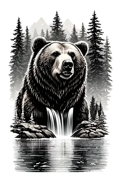 Bear Head An Top Of Water Fall Trees In The Background