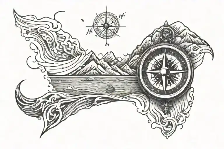 Compass With Mountains Leading To Waves
