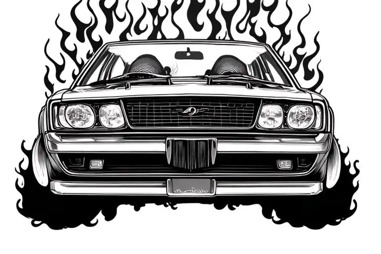 Black And White Car In Flames Under Chest