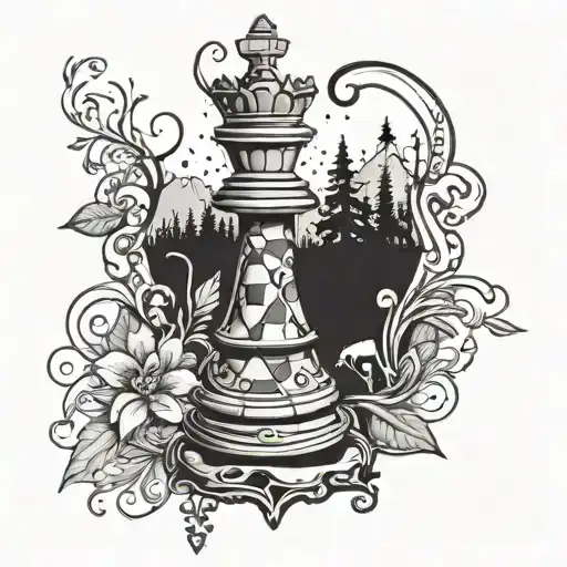Chess Piece Themed Tattoo Incorporating Elements Of Music And Hiking