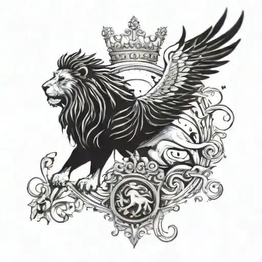 A Black Lion With A Silver Crown And A Crow Made Of Black Smoke Flying Above Him